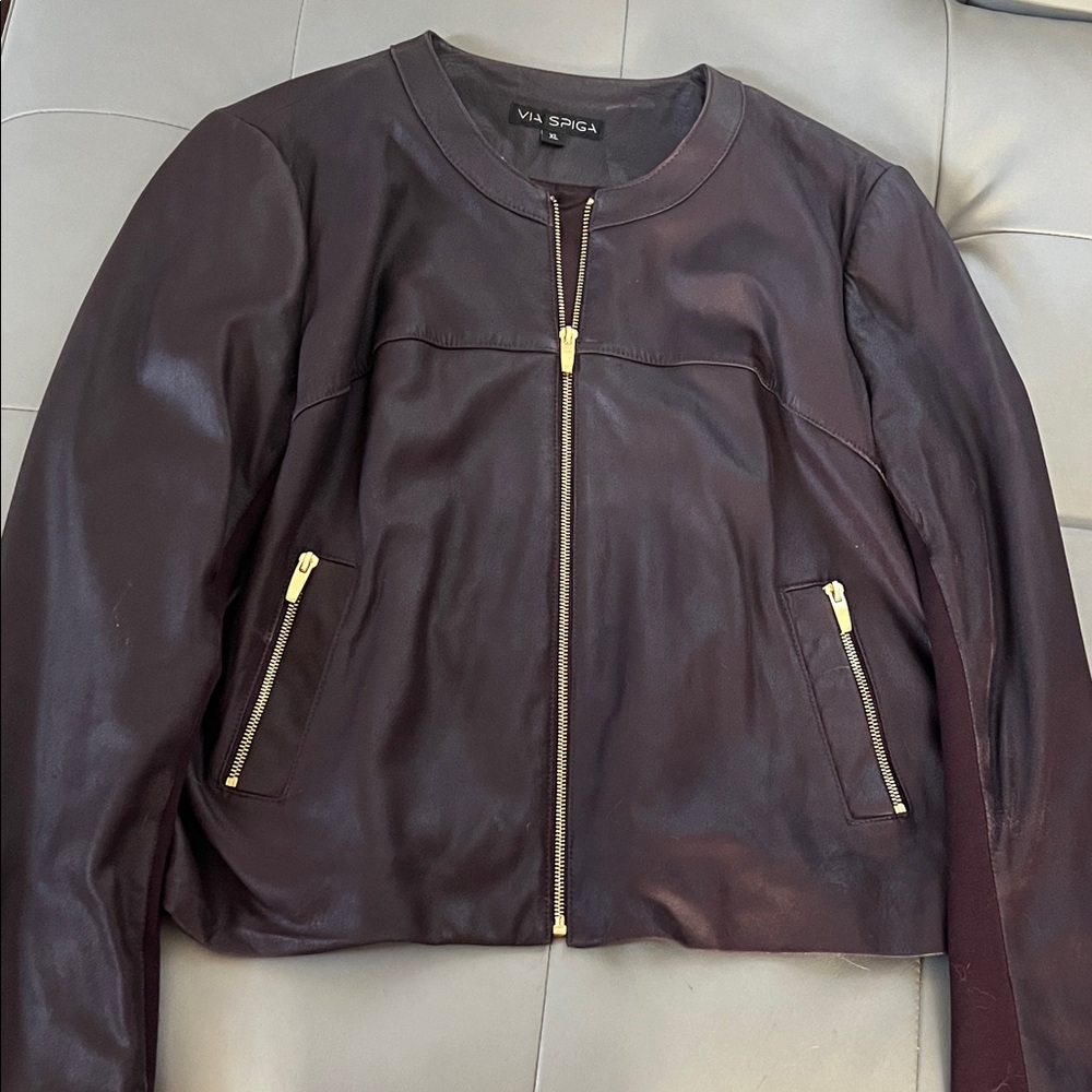 Via Spiga Women's Leather Knit Trim Jacket - Rich Brown with Gold Zippers
